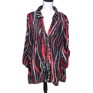 Maggie Barnes Shirt Womens 3X 26/28W Plus Top Black Red Button Up Sequins Blouse
